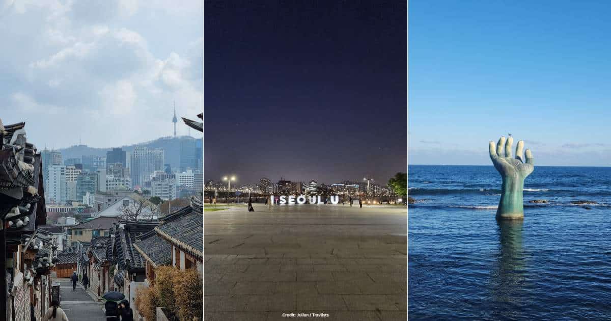 South Korea travel guide collage: Bukchon Hanok Village with N Seoul Tower, I·SEOUL·U sign at night, and Homigot hand sculpture in Pohang