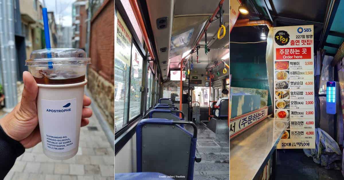 South Korea travel guide: iced coffee, city bus interior, and street food stall menu showing everyday travel costs