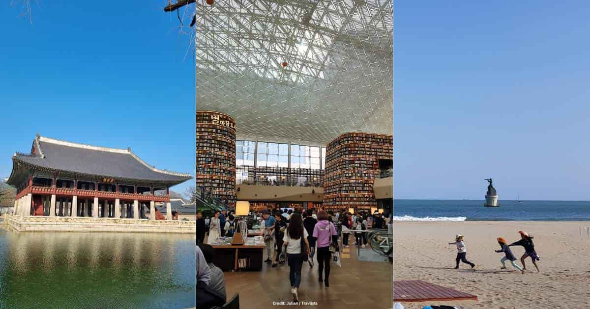 South Korea travel guide for Seoul and Busan: Gyeongbokgung palace grounds, Starfield Library, and Haeundae Beach