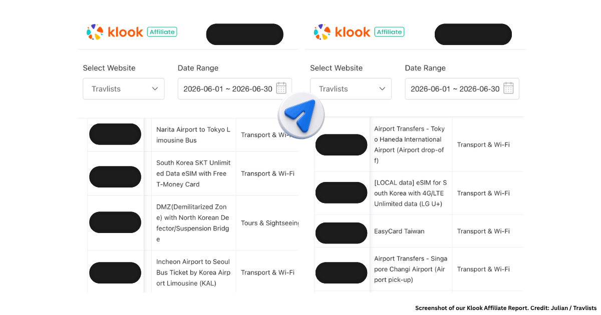 Klook affiliate dashboard screenshot showing Travlists transportation bookings for June 2026, including Narita Airport Limousine Bus, KAL Limousine Bus, Tokyo Haneda Airport Transfer, EasyCard Taiwan, and Singapore Changi Airport Transfer