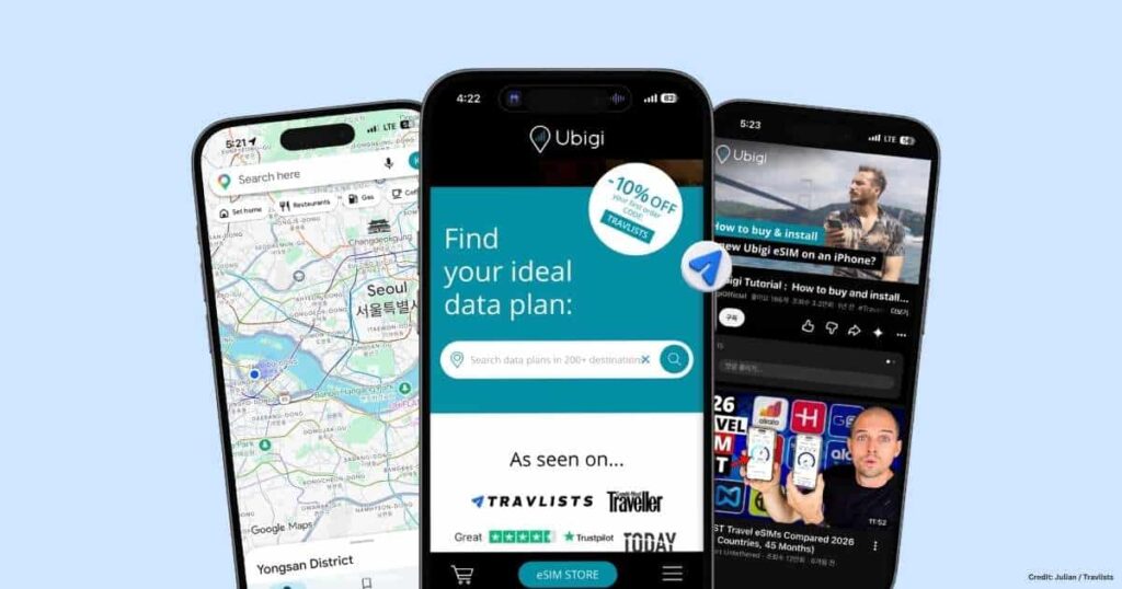 Ubigi eSIM app data plan search screen with Google Maps Seoul navigation and YouTube installation tutorial