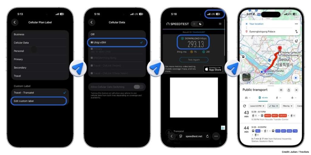 Ubigi eSIM custom label setup, Ookla speed test result, and Google Maps navigation in Seoul