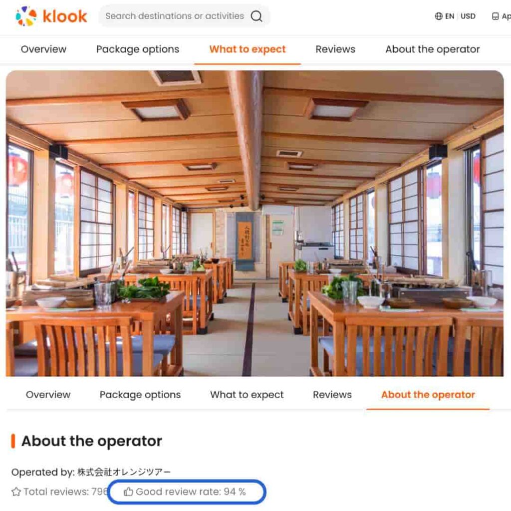 Klook listing page showing 94% operator rating for the Yakatabune dinner cruise