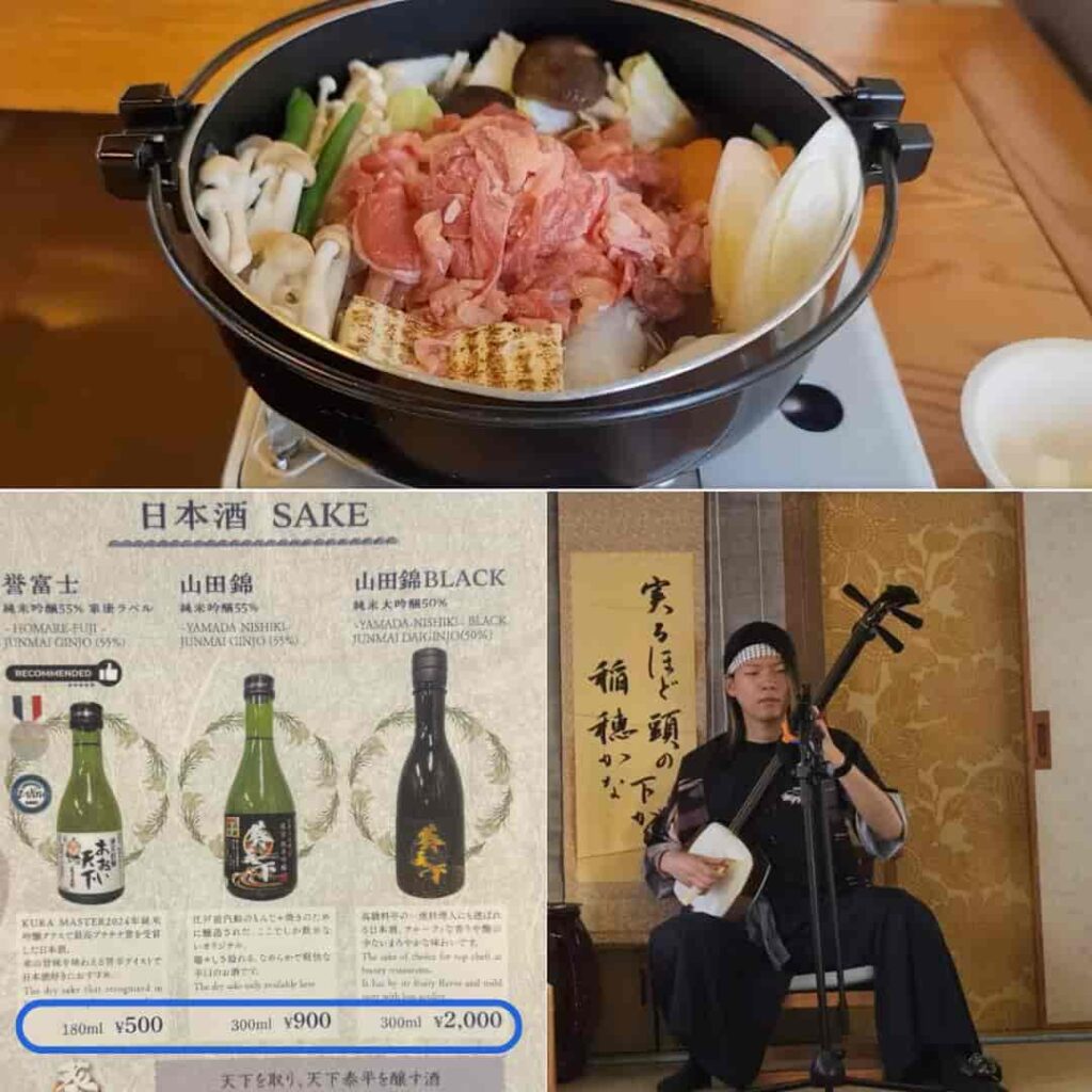 Sukiyaki hot pot, sake menu pricing, and shamisen performer on a Tokyo Yakatabune dinner cruise