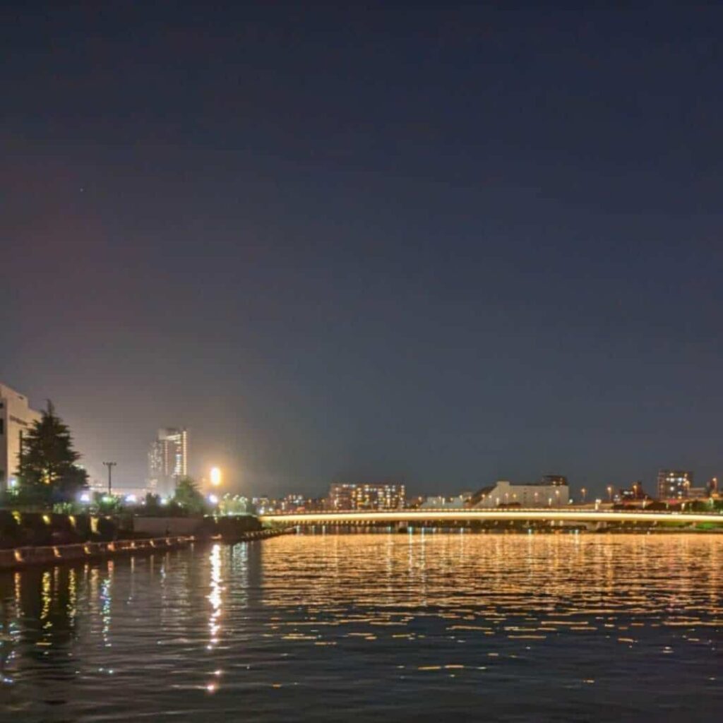 Night view of Sumida River and bridge from a Tokyo Yakatabune cruise