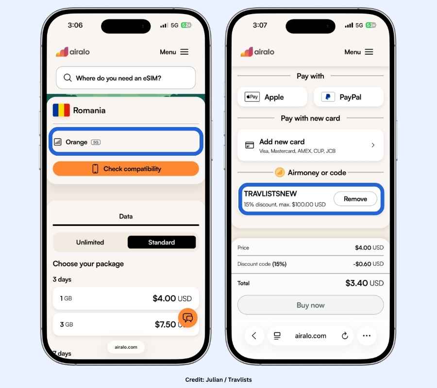 Airalo Romania eSIM Orange 5G network package selection with TRAVLISTSNEW coupon code applying a 15% discount at checkout