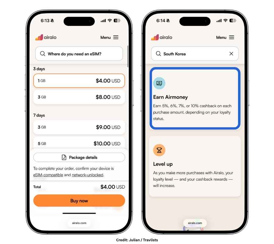 Airalo South Korea eSIM pricing options and AirMoney cashback rewards program details