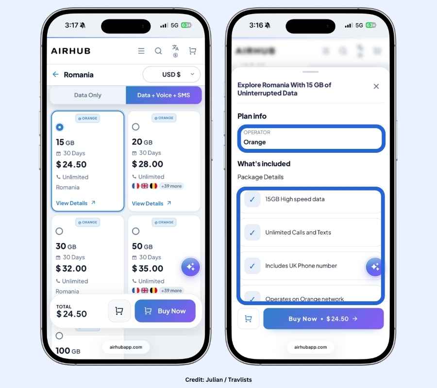 Airhub Romania eSIM plan selection showing 15GB Orange network data with UK phone number and unlimited calls and texts