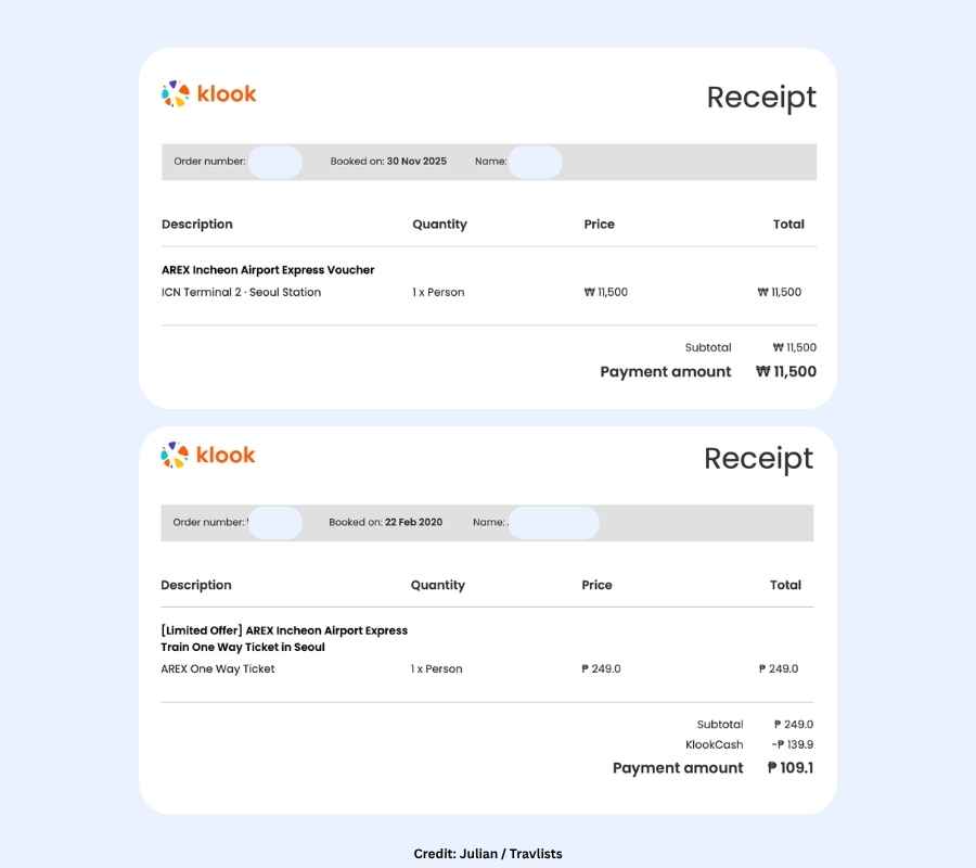 Klook receipts showing two Korea AREX Incheon Airport Express ticket purchases, one for ₩11,500 and one for ₱109.1 after KlookCash discount