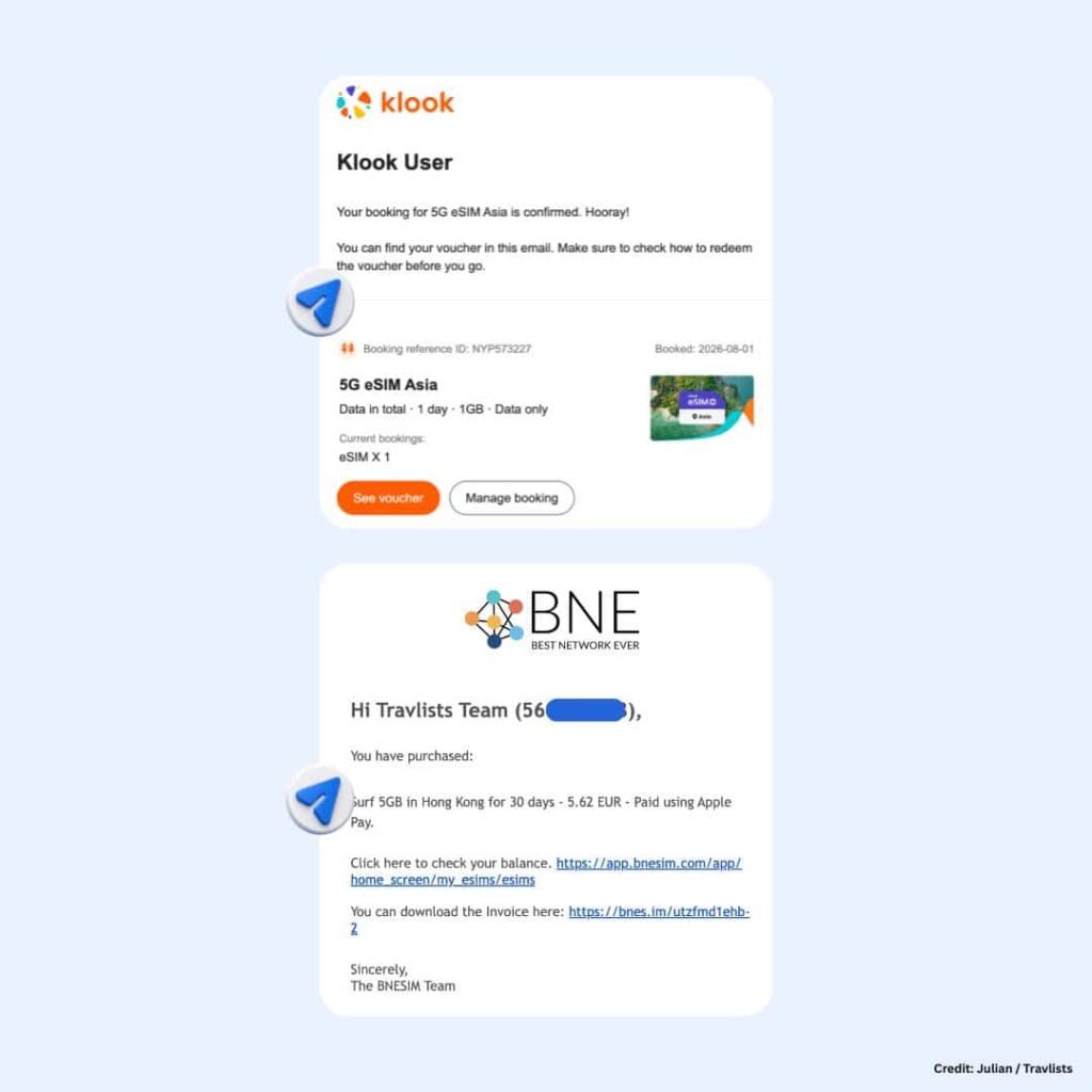 Purchase receipts from Klook and BNESIM for Asia eSIM review