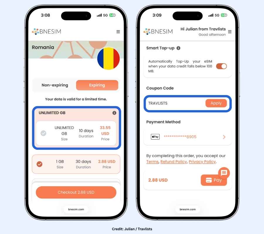 BNESIM Romania eSIM showing unlimited and fixed data plans with TRAVLISTS coupon code entered at checkout