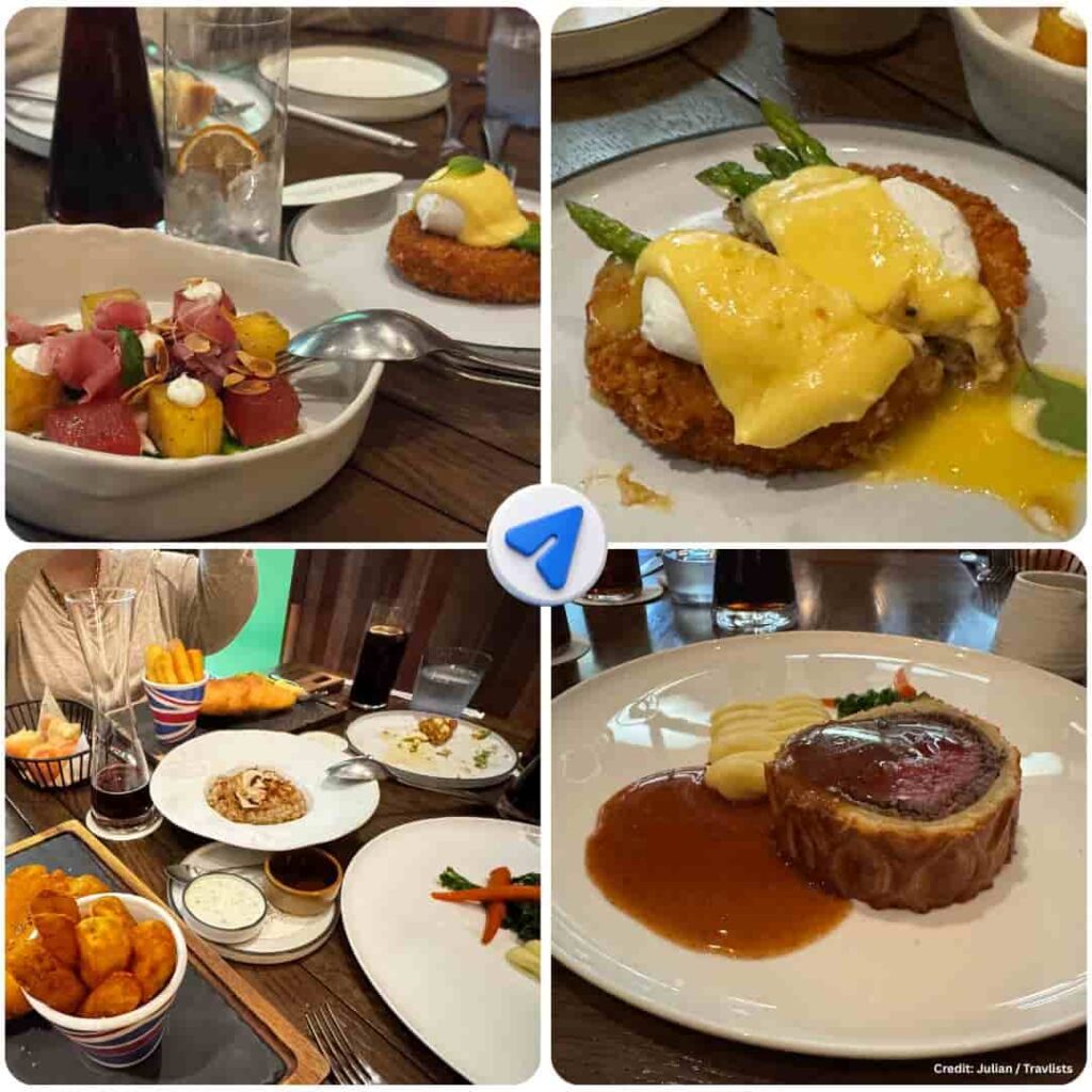 Dishes from a meal at Gordon Ramsay Bar & Grill Philippines, including watermelon salad, crab cake, and Beef Wellington