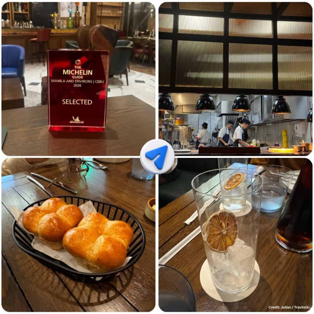 Michelin Guide selection plaque, open kitchen, bread, and cocktails at Gordon Ramsay Bar & Grill Philippines