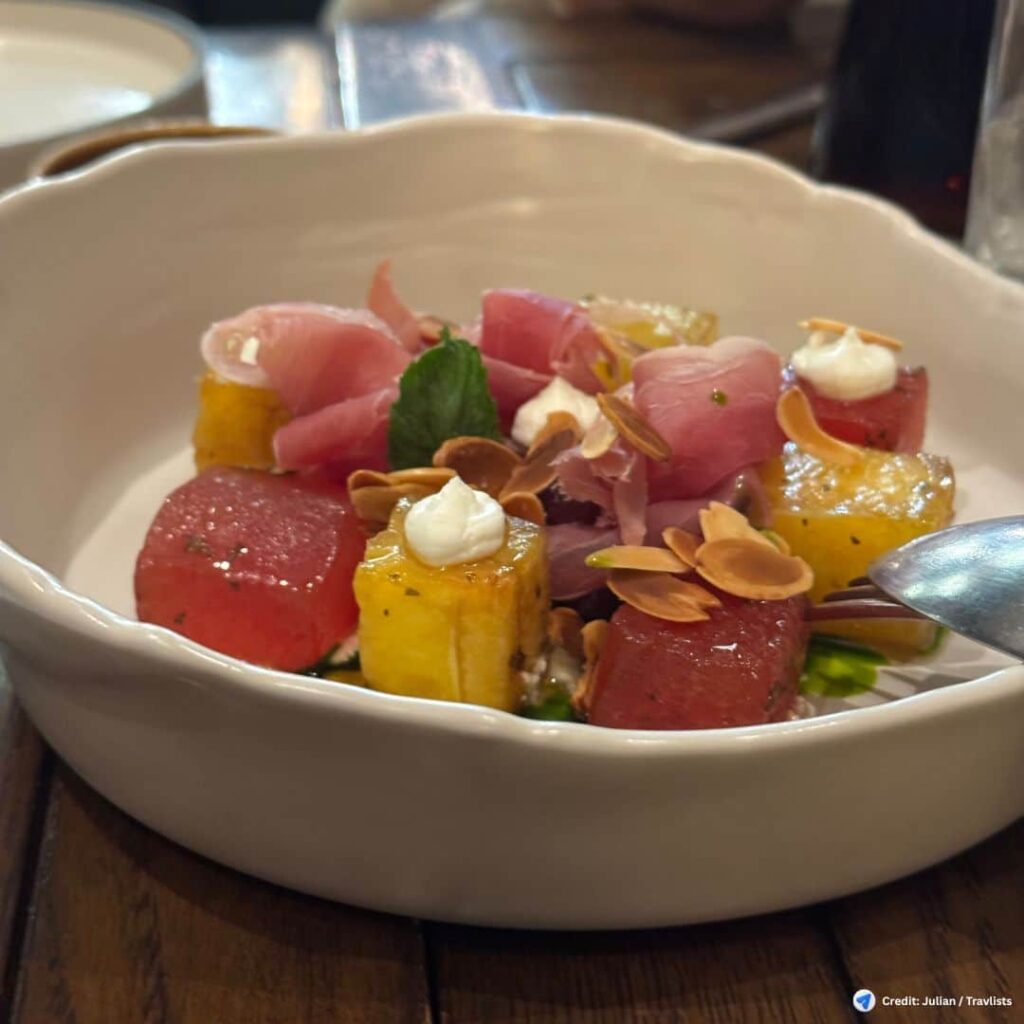 Watermelon salad with prosciutto and toasted almonds at Gordon Ramsay Bar & Grill Philippines"
