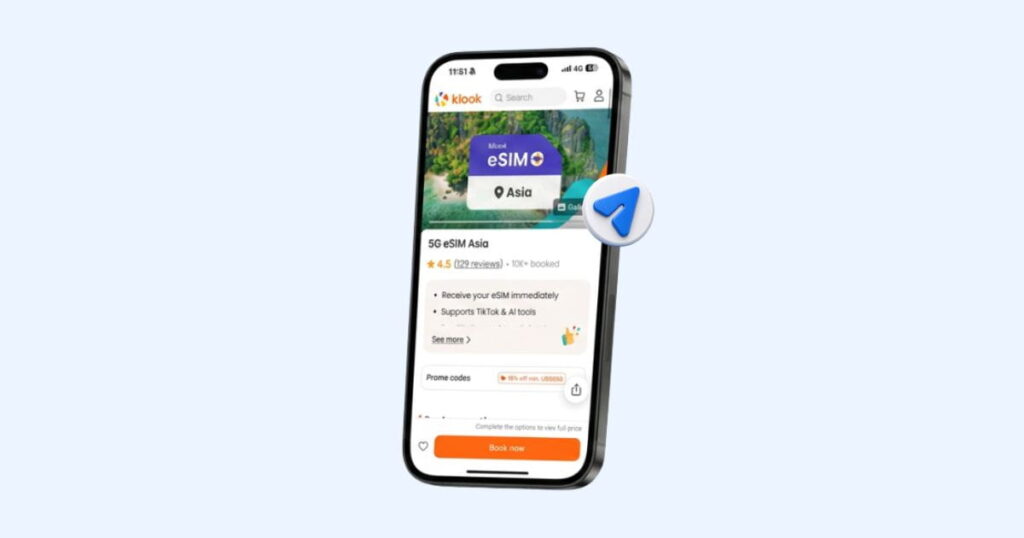 Klook 5G eSIM Asia product page shown on iPhone, 4.5 rating with 10K+ booked