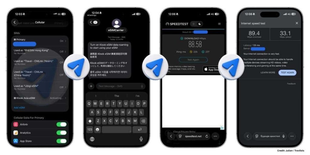 iPhone Cellular settings showing Klook Asia eSIM, data roaming SMS reminder, and Ookla and Google speed test results in Seoul