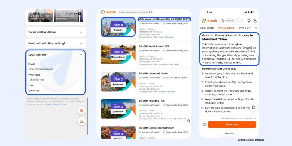 Klook eSIM product listings showing destination naming format and China eSIM setup steps with RedteaGO local operator details