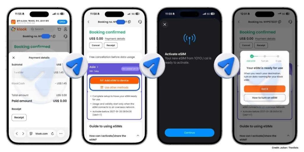Klook eSIM booking confirmation, KlookCash payment details, and iPhone eSIM activation steps for the Asia plan