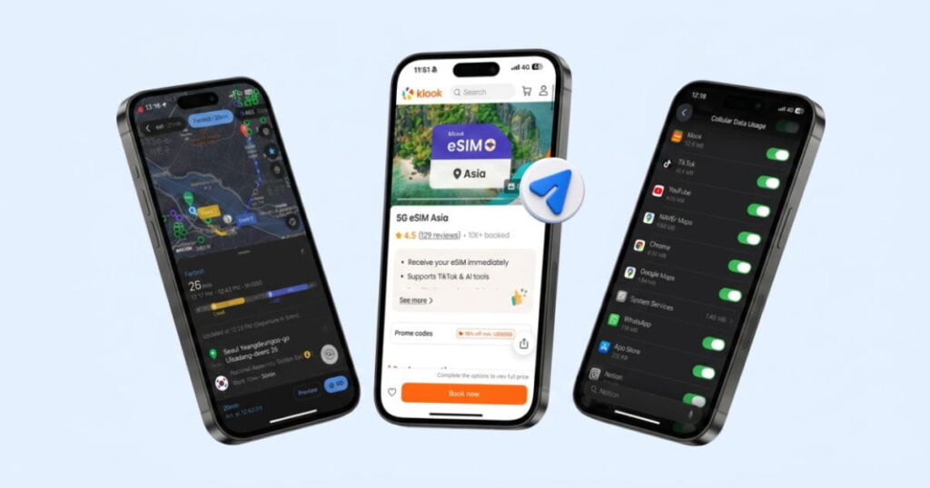 Klook eSIM review 5G Asia plan tested with Naver Maps navigation and iPhone cellular data usage screen