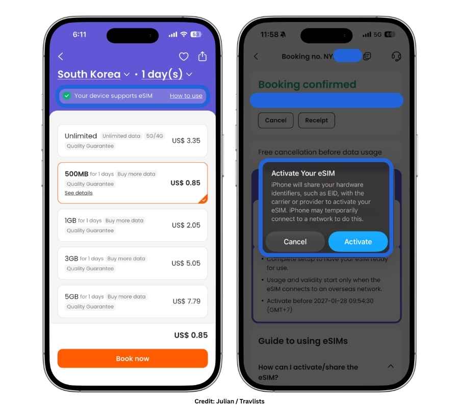 Klook Korea eSIM unlimited data plan pricing and eSIM activation confirmation screen