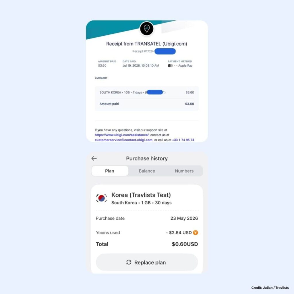 south korea esim purchase receipts from ubigi 1GB 7 days and Yesim 1GB 30 days
