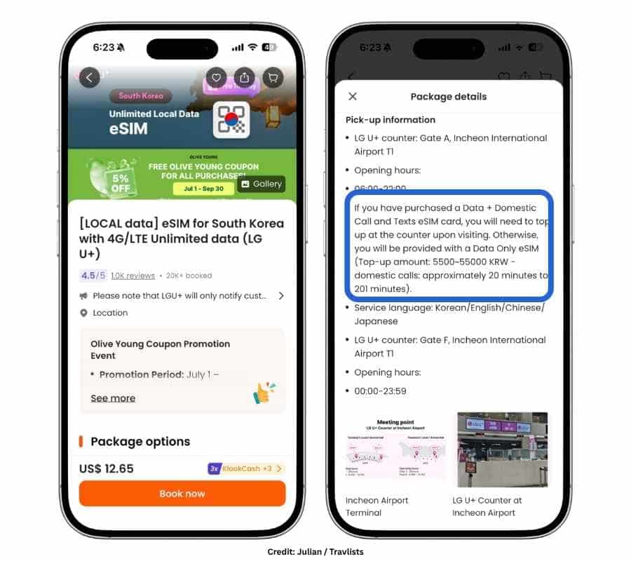 LG U+ South Korea eSIM with phone number package details showing airport counter pickup information and top-up requirements for calls and texts