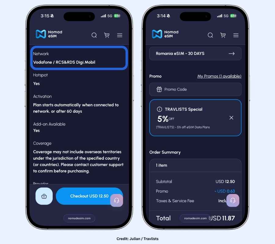 Nomad Romania eSIM network details showing Vodafone and Digi.Mobil coverage with TRAVLISTS 5% off promo code applied at checkout