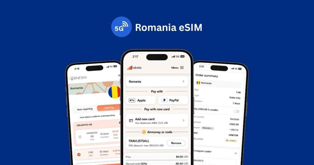 Romania eSIM comparison showing BNESIM, Airalo and Saily checkout screens with the TRAVLISTS coupon code applied