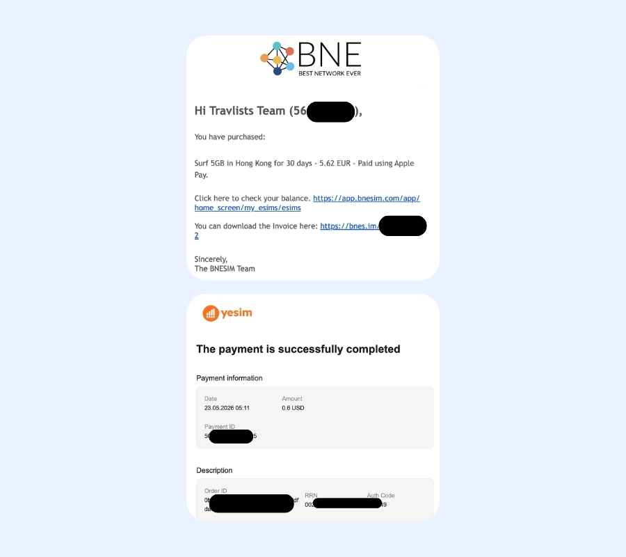 Receipts showing purchases of Travlists on BNESIM and Yesim