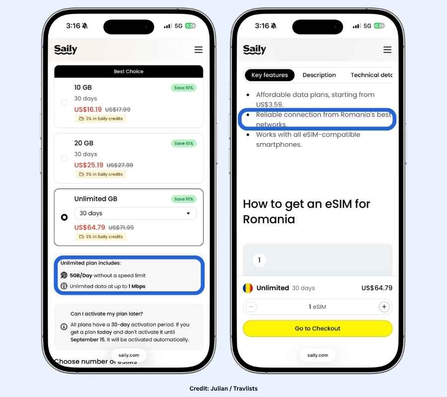 Saily Romania eSIM unlimited data plan checkout showing 5GB per day speed limit and $64.79 total for 30 days