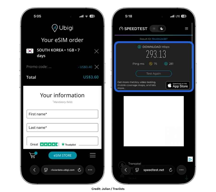 Ubigi South Korea eSIM order confirmation and Ookla speed test showing 293.13 Mbps download speed
