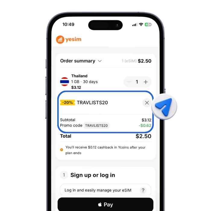 Yesim checkout screen applying TRAVLISTS20 promo code for a Thailand eSIM