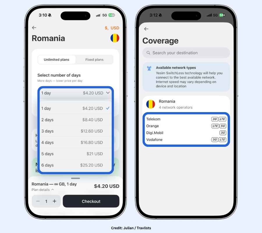 Yesim Romania eSIM with unlimited data day-by-day pricing selector next to network coverage showing Telekom, Orange, Digi.Mobil, and Vodafone