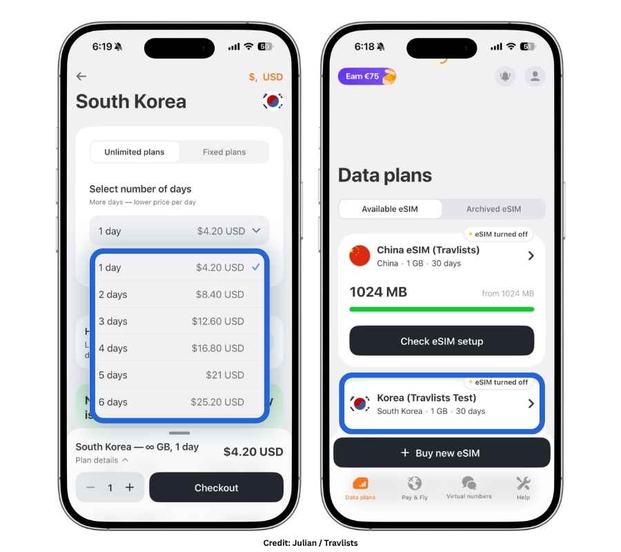 Yesim South Korea eSIM unlimited data plan selector showing daily pricing options from 1 to 6 days