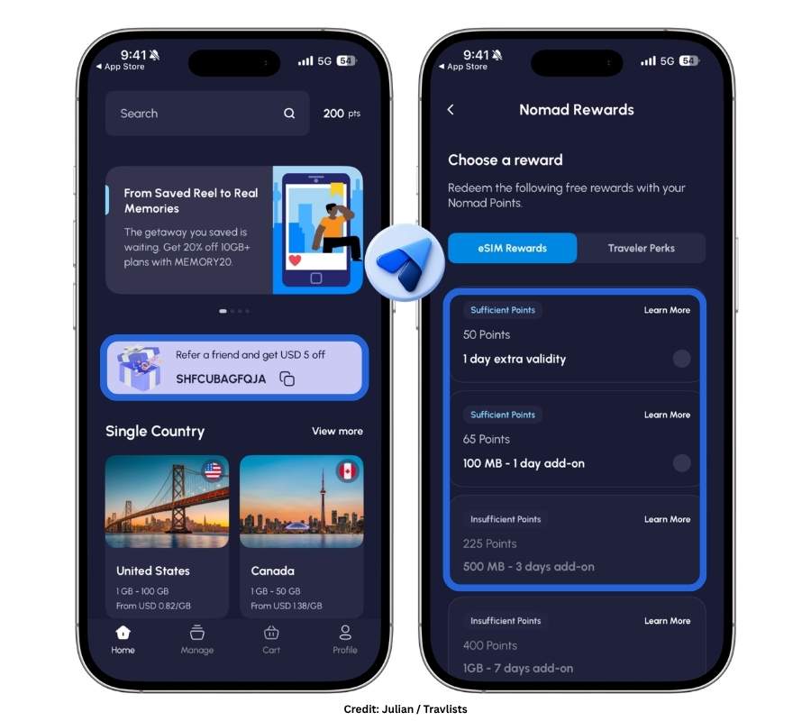 Nomad app home screen with 200 points and Nomad Rewards redemption options for eSIM add-ons