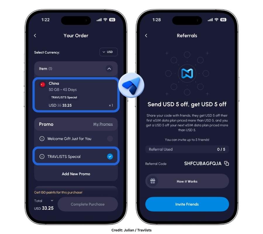 Nomad eSIM promo code TRAVLISTS applied on China eSIM 50GB order screen and Nomad referral code offering USD 5 off