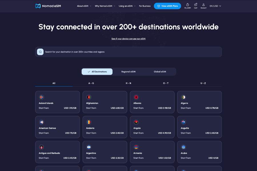 Nomad eSIM homepage showing 200 plus destinations and per-GB pricing for countries worldwide