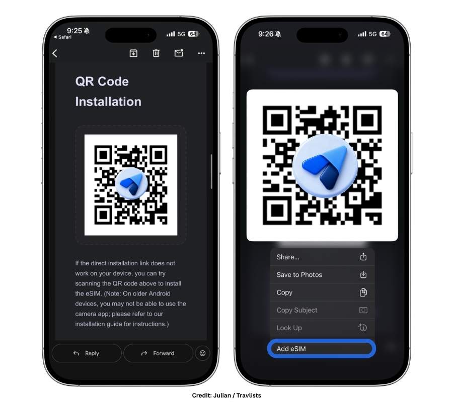 Nomad eSIM installation QR code and Add eSIM prompt on iPhone