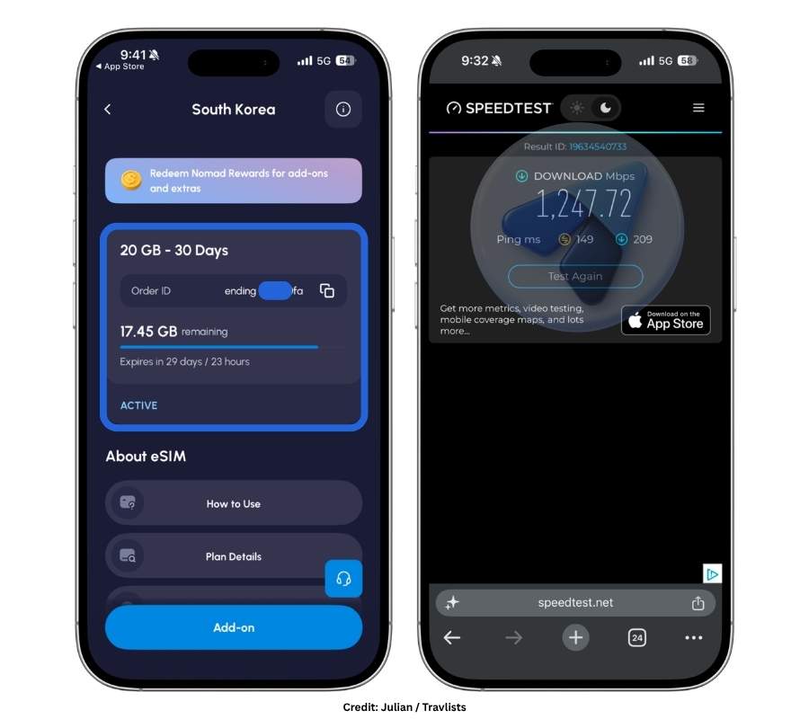 Nomad eSIM plan details showing 20GB 30-day plan and Speedtest result of 1247.72 Mbps