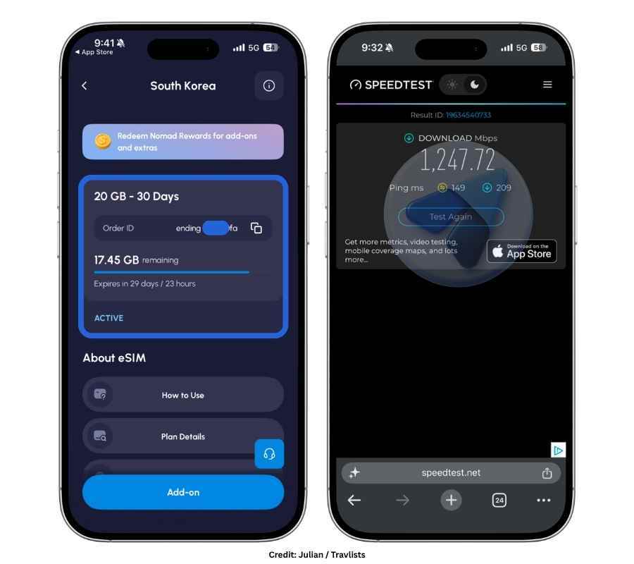 Nomad eSIM South Korea plan screen showing 20GB 30-day plan with 17.45GB remaining, next to Ookla speed test result of 1,247.72 Mbps download
