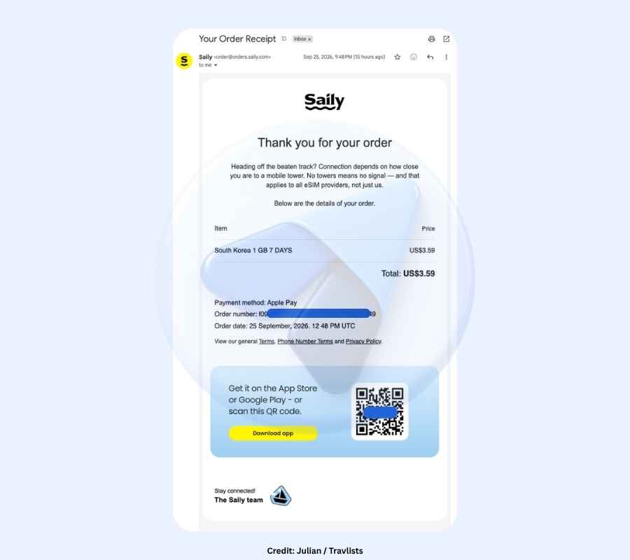 Saily eSIM order receipt showing purchased Saily South Korea eSIM 1 GB 7 Days plan