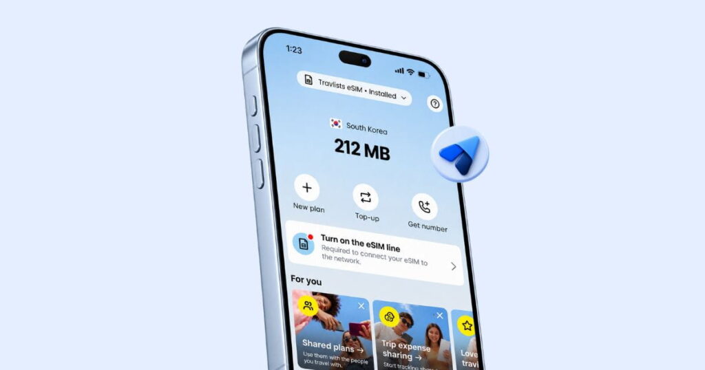 Saily eSIM review showing screenshot of installed South Korea eSIM with custom label Travlists eSIM, as well as top-up button, get number feature, and remaining data