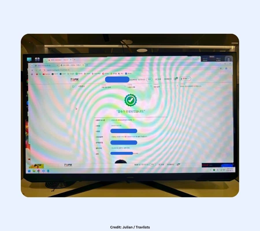 TOPIK registration completion screen confirming a successful TOPIK I IBT application