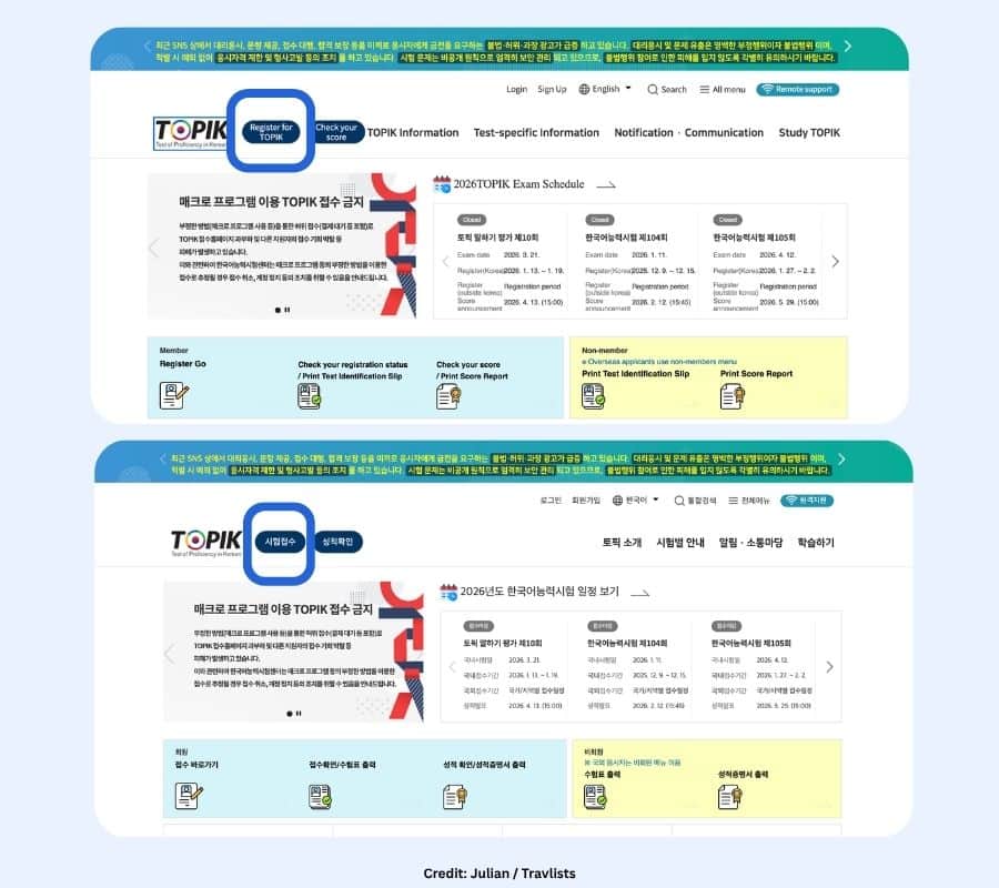TOPIK website homepage in English and Korean, with the Register for TOPIK button circled beside the TOPIK logo