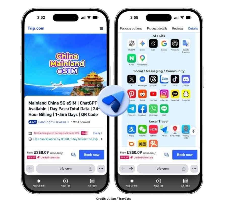 Trip.com China eSIM with 67,755 reviews and USD 0.09 discounted price and a list of supported apps including TikTok, WhatsApp, Instagram, Google, Gmail, Facebook, LINE, Messenger, and more