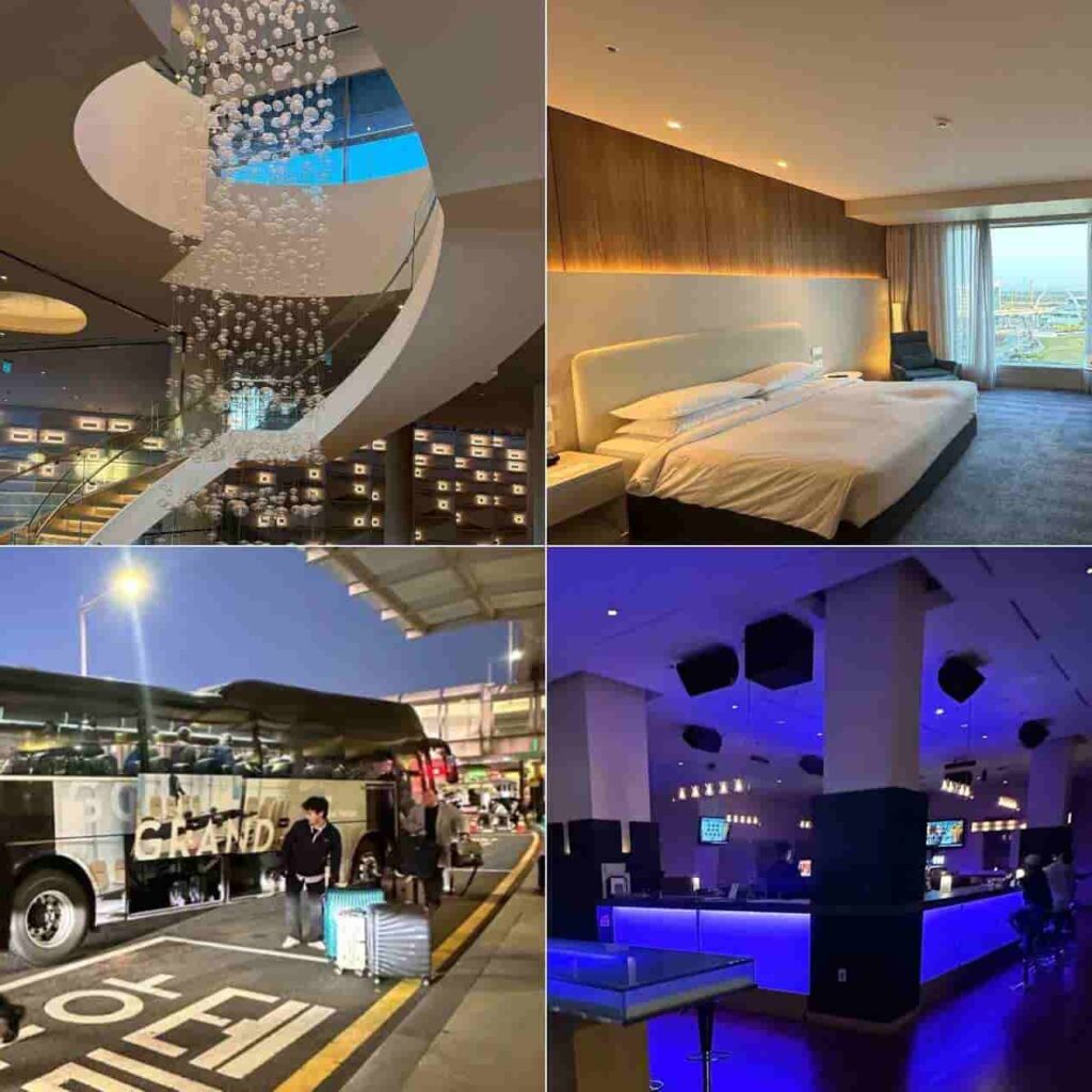 Collage of Grand Hyatt Incheon near Incheon Airport Terminal 1 showing the lobby spiral staircase with bubble chandelier, a king room with Yeongjong Island view, the free hotel shuttle bus at the airport, and the hotel bar