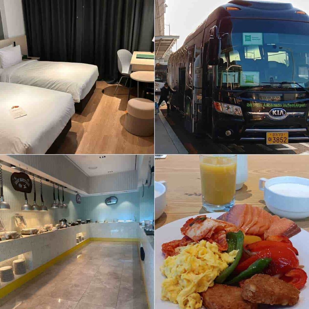 Collage of ibis Styles Ambassador Incheon Airport showing twin rooms, free airport shuttle, breakfast buffet