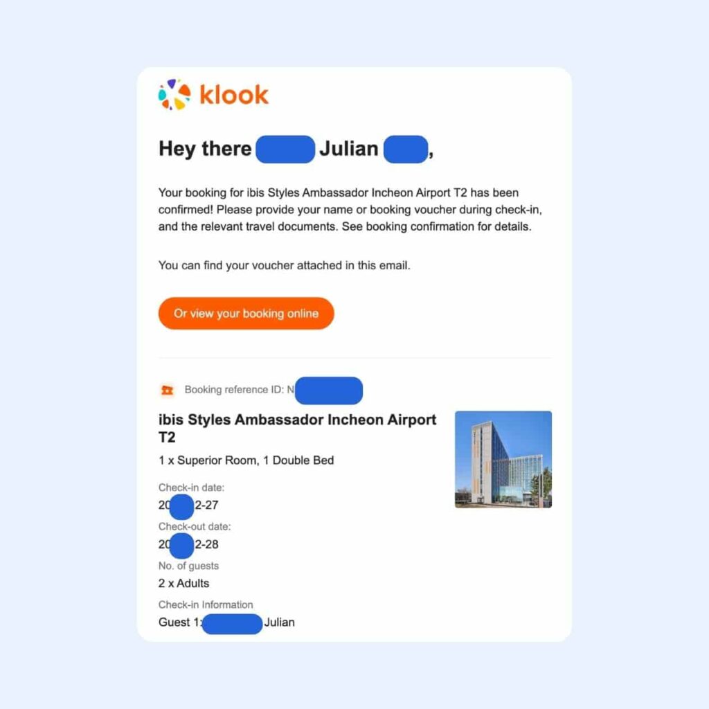 Klook receipt for Ibis Styles Ambassador Incheon Airport Terminal 2 Hotel for Julian with booking reference ID