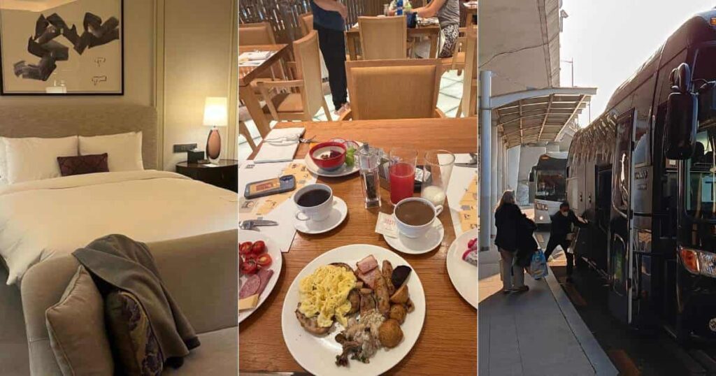 Collage of the best hotels near Incheon Airport showing room in Paradise City, breakfast buffet plates, and ibis Styles Incheon free shuttle service for Terminal 1
