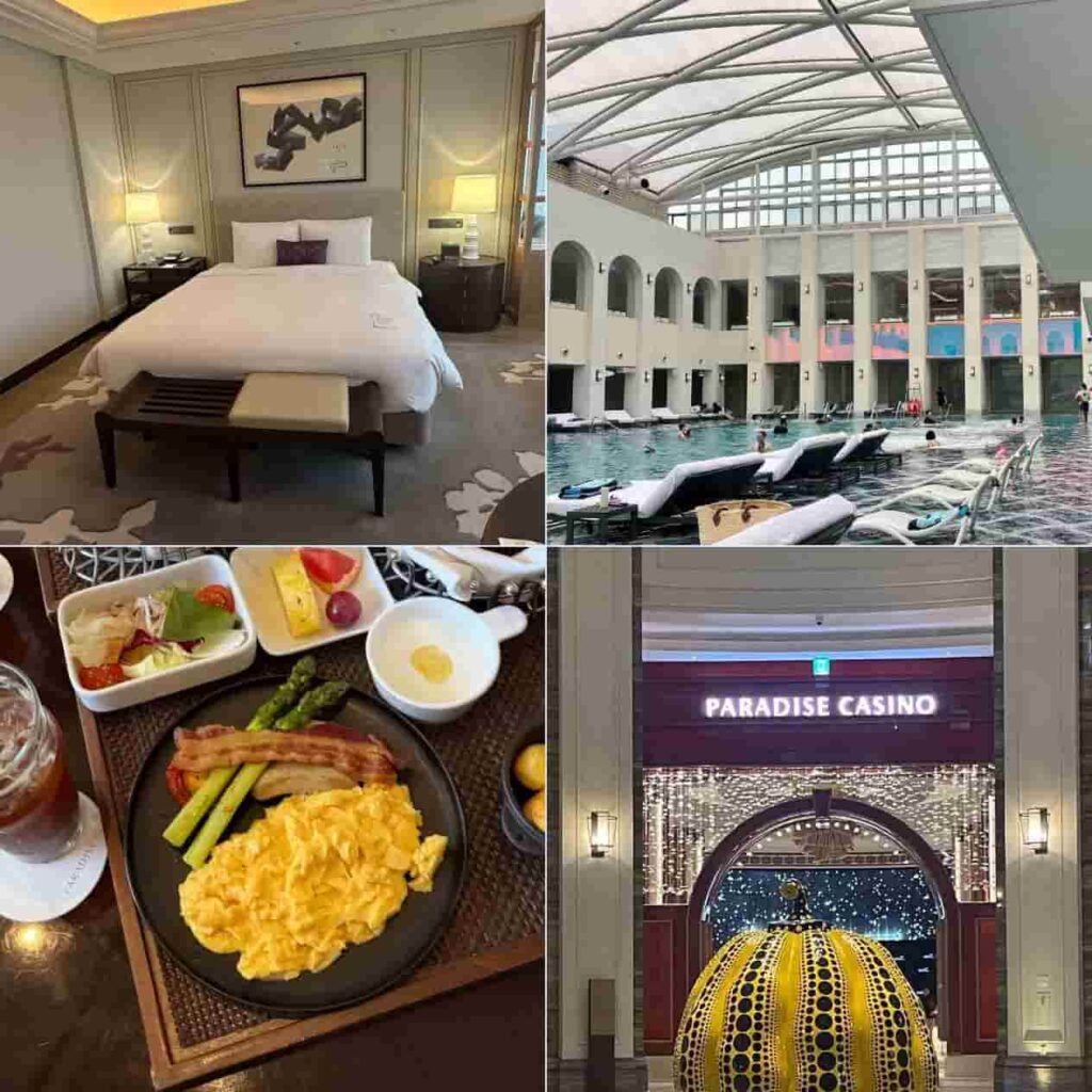 Collage of Paradise City near Incheon Airport showing rooms, Cimer Spa, breakfast buffet plate, and casino